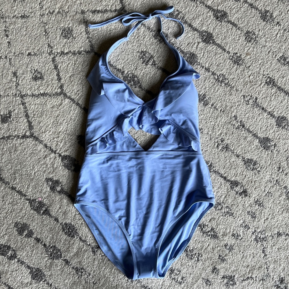 NWT Aerie Blue Ruffle Cut-Out Plunge Halter One Piece Swimsuit Large